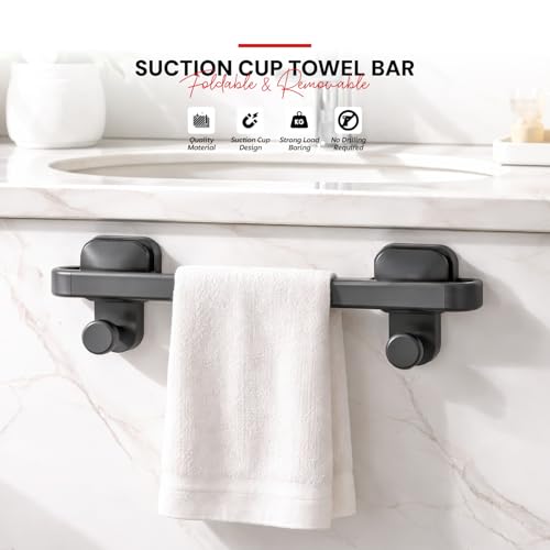 Image of Amazon Basics Suction Towel Holder for Bathroom - Rust - Free Powder Coated Wall Mounted Towel Rack No Drill Towel Rack Modern Bathroom Accessories Organizer Grey
