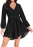 PCEAIIH Women's Cocktail Dresses Long Sleeve Empire Skater Dress Deep V-Neck Waist Tie Ruffle Mini Swing Dresses S Black