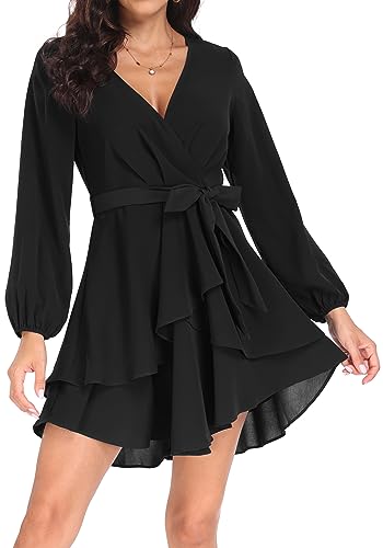 PCEAIIH Women's Cocktail Dresses Long Sleeve Empire Skater Dress Deep V-Neck Waist Tie Ruffle Mini Swing Dresses L Black