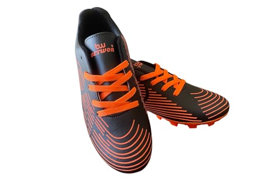 Image of Men's Football Boots, Black and Orange, Firm Ground Cleats with Striped Design
