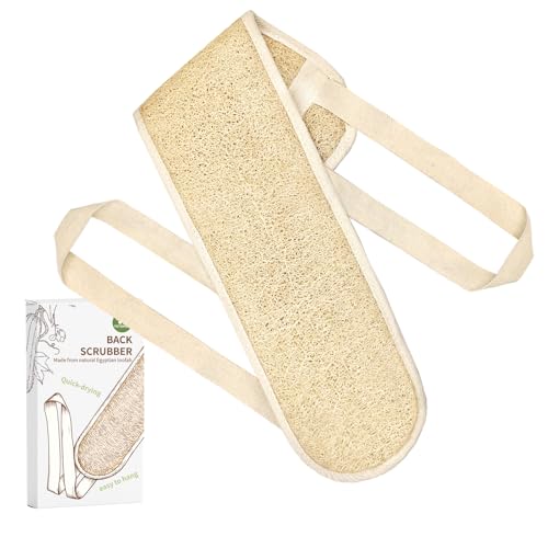 Image of Natural Egyptian Loofah Back Scrubber for Shower,Extra Rough,Deep Exfoliating,Rich Foam,Quick Drying Dual-Handle Strap Exfoliator for Men and Women