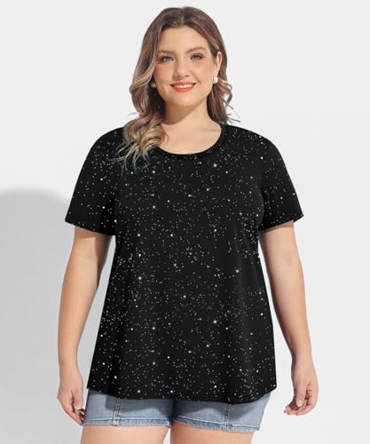Image of CARCOS Plus Size Tops for Women Short Sleeve Shirt Summer Star /Leopard /Tie Dye /Flower Crewneck Pullover Tunic XL-5XL