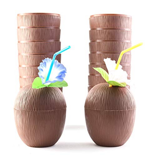PREXTEX Coconut Cups with Flower Straws & Twist Close Lids (18 Pack, 16oz) for Luau Party Decorations, Pool Parties, Tropical Tiki Parties, Summer, Hawaiian Themed Party Decorations