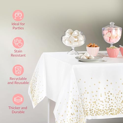 Image of Prestee White and Gold Tablecloths, 4pk, 54x108 Inches - Party Table Cloths Disposable - Gold Dot Disposable Tablecloths - Plastic Table Cloth - Engagement Party Decorations, Baptism Decorations