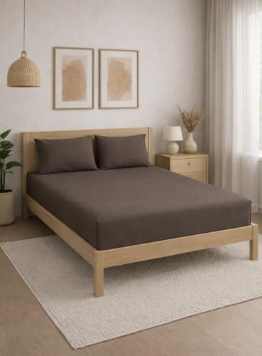 Image of THE HOME STYLE Solid Plain Cotton Feel Fitted Bedsheet King Size (72x78 inches) | 2 Pillow Covers | 300 TC | Elastic Fit | Fits Upto 8 Inch Mattress (Mocha)