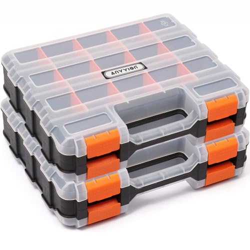 Anyyion Small Parts Organizer, 34-Compartments Double Side parts organizer with Removable Dividers for Hardware, Screws, Bolts, Nails, Beads, Jewelry. (2 Pcs, Orange)