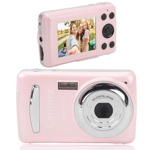 Portable Digital Camera,1080P 16MP FHD with 2.4in LCD Screen Anti Shake Compact Camera,16X Digital Zoom Simple Vlogging Camera for Kids Teen Beginner (Pink)