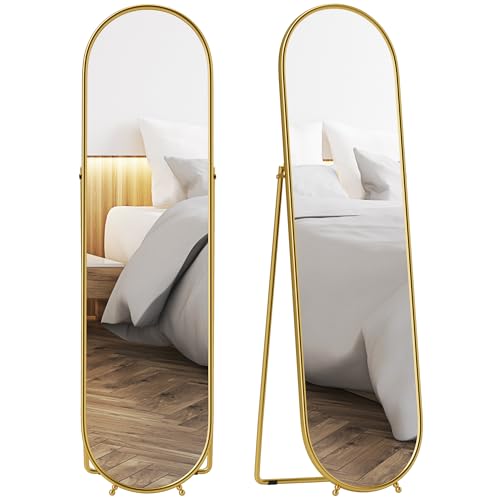 HOMCOM Specchio da Terra Ovale Moderno, 50x180 cm Specchio Autoportante a Figura Intera Antiscoppio con Cornice in Metallo e Supporto, per Camera da Letto, Soggiorno e Ingresso, Oro