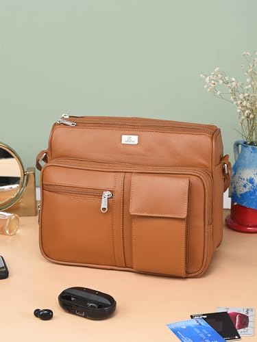 K London Women's Tan Color Genuine Leather Cross Body Shoulder Bag With 6 Pockets – Large Phone Holder – 4 Credit Card Slots - Single Adjustable Across Strap bag (KL_189_Tan), Khaki, M