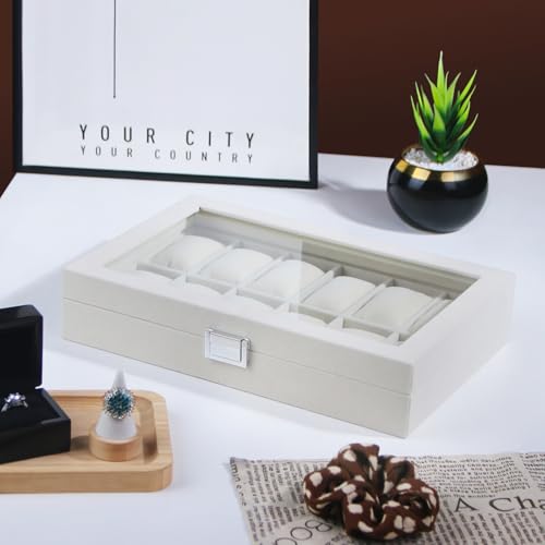 Image of Watch Display Case For Men,Leather Watch Organizer Box,Watch Travel Organizer Tray,Watch Collection Storge Holder For Women (Beige Velvet, 12 Slots)