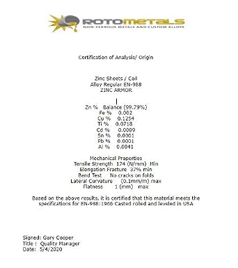 Zinc Sheet Sample 020-027 X 8 inches X 11 inches by Rotometals