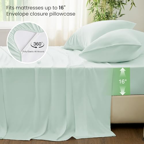 Image of Love's cabin 4 Piece Queen Sheet Set, 100% Rayon Derived from Bamboo, Cooling & Breathable, Soft Silky Deep Pocket up to 16 inch, Hotel Luxury Bedding for Hot Sleepers, Sea Glass