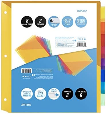 OS Plus 8-Tab Plastic Binder Dividers w/ 2 Pockets, Insertable Big Tabs, 1 Set