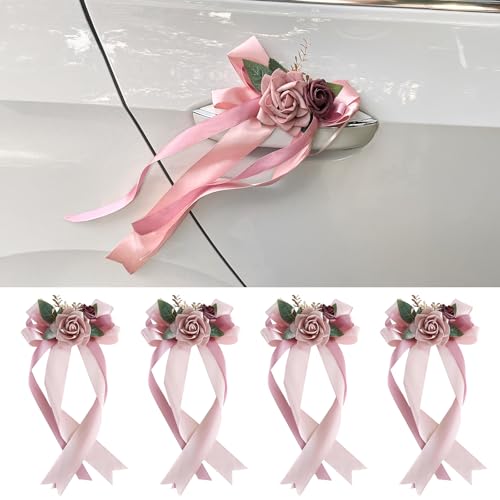 zmoso 4PCS Wedding Car Door Handle Decorative Flowers, White Artificial Cars Bouquet Flower Bowknot...
