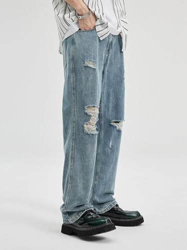 Jeans Pants Trousers Denim Spring Washed Ripped Loose Straight Leg High Street Trendy for Men4