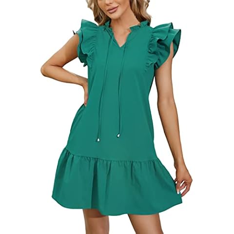 ANNA&CHRIS Womens Sundresses Summer Tie V Neck Ruffle Cap Sleeve Mini Dress with Pockets A Line Short Babydoll Dresses Green XL Cover