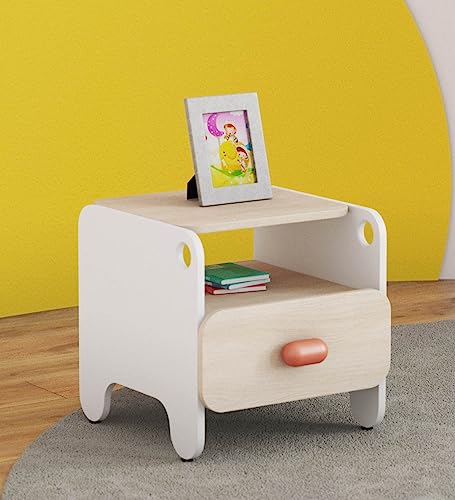 Smartsters Engineered Wood Bed Side Table with Drawer | Bedside Table | Closed and Opened Storage | Curved Corners | Pearly White | Boop | 18 x 19 x 18 inches