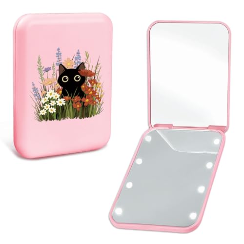 Aganmi Preppy Mini Pink Travel Compact Mirror with Light for Purses 1X/2X Magnification Small Led Portable Pocket Makeup Mirror, Trendy Christmas Birthday Gift Stocking Stuffers for Teen Girls Women