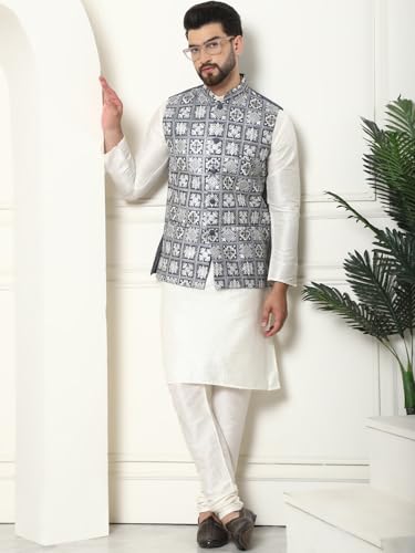Image of SOJANYA (Since 1958 Men's Silk Blend Kurta Pyjama with Embroidered Nehru Jacket