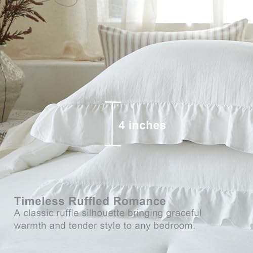 Image of White Ruffle Comforter Set Queen, Pre-Washed Shabby Chic Bedding Set, Lightweight Cottagecore Soft Romantic Cozy 1 Comforter & 2 Shams, All-Season