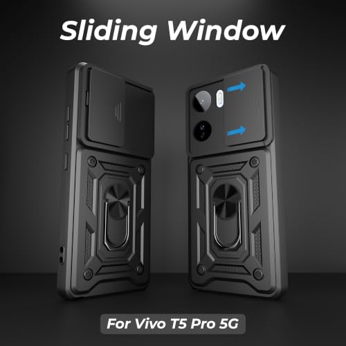 Image of A rtistque Armor Bumper Back Cover Case for Vivo T5 Pro 5G | Ring Holder Stand | Sliding Camera Protection | Shockproof Heavy Duty Design | Vivo T5 Pro Back Cover - Black