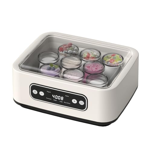Yogurt Maker, 1600ML Automatic Yoghurt Maker Machine with A 304 Stainless Steel Liner and 9Pcs Glass Jars, LED Display, Constant Heating, for Probiotic Yogurt/Rice Wine/Fermentation/Natto.