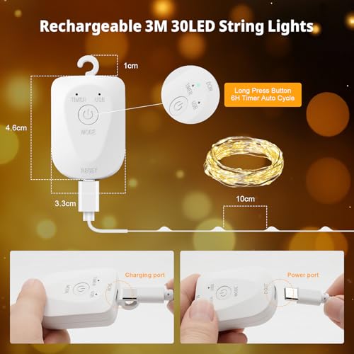 Mini Aufladbare Lichterkette mit Timer, 3M 30LED Warmweiß LED Lichterketten mit Wiederaufladbar USB-Kabel, Wasserdicht 8 Modi Lichterkette für Innen & Außen Weihnachten Hochzeit Party Garten (3 Stück)