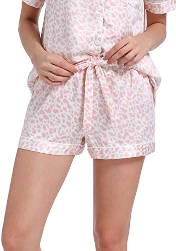 Serenedelicacy Women's Satin Pajama Set 2-Piece Sleepwear Loungewear Button Down Short Sleeve Pj Set (Medium, Blush, Leopard) #TOP3