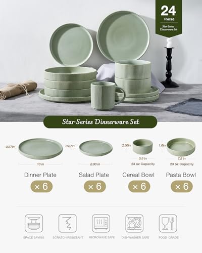 Image of Famiware Star 24-Piece Stoneware Dinnerware Sets for 6 - Shallow Pasta Bowls & Flat Plates, Modern Rustic Reactive Glaze Dishes, Chip & Scratch Resistant, Microwave & Dishwasher Safe, Matte Sage Green