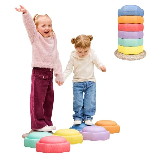 Image of Nuby Stepping Stones StepPebbles with Balance Board - Montessori-Inspired Sensory Play - Stack, Step, & Balance Indoor & Outdoor Play - Waterproof & Holds Up to 400 lbs - Pastel Colors