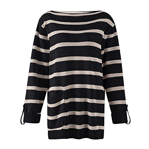 Huankd Heart Shirts For Women, Turtleneck Sweater Tummy Control Dress Women Wool Vest Women's Casual Long Sleeve Color Contrast Stripe Pullover Round Neck Loose Sweater Sweaters White (3Xl, Black) #TOP4