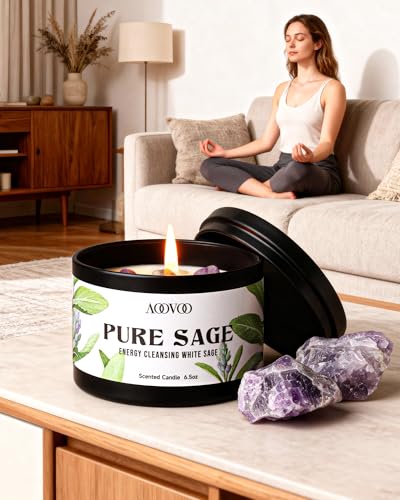 Image of AOOVOO 4 Pack Sage Candles - Sage, Palo Santo, Sage & Palo Santo, Eucalyptus Mint Candle Set with Crystals & Decor, 26oz 200 Hours Long Lasting, Non Toxic Candles for Spiritual House Energy Cleansing