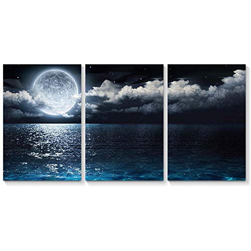 Toile océan lune pour salon contemporain décoration murale triptyque nuit abstraite