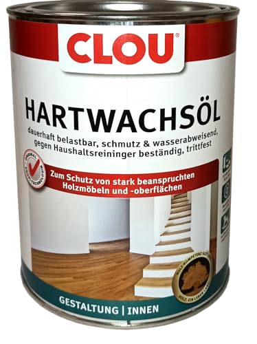 Clou Hartwachsöl farblos: Strapazierfähiges Holzöl für Innenbereiche, 2 in 1 Grundierung & Finish für Arbeitsplatten, Parkett, Treppen & Möbel, 0,75 L