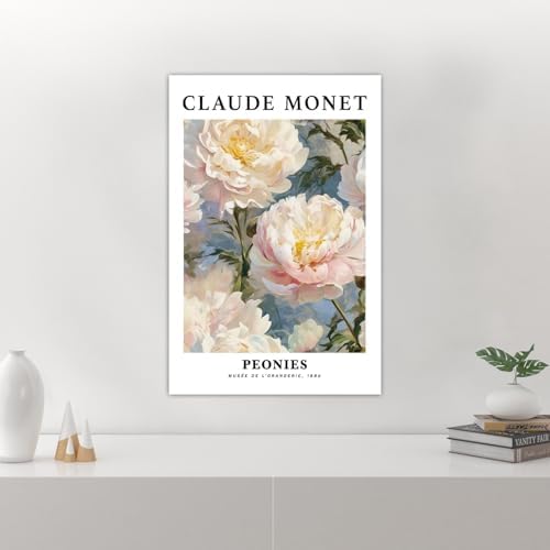 Vintage Peonies Wall Art Print Floral Canvas Poster White Pink Peony Flower Claude Monet Oil Painting Style Picture for Bedroom Wall Decor Elegant Art (Creamy Peonies,Framed,16x24inch(40x60cm)) - 2