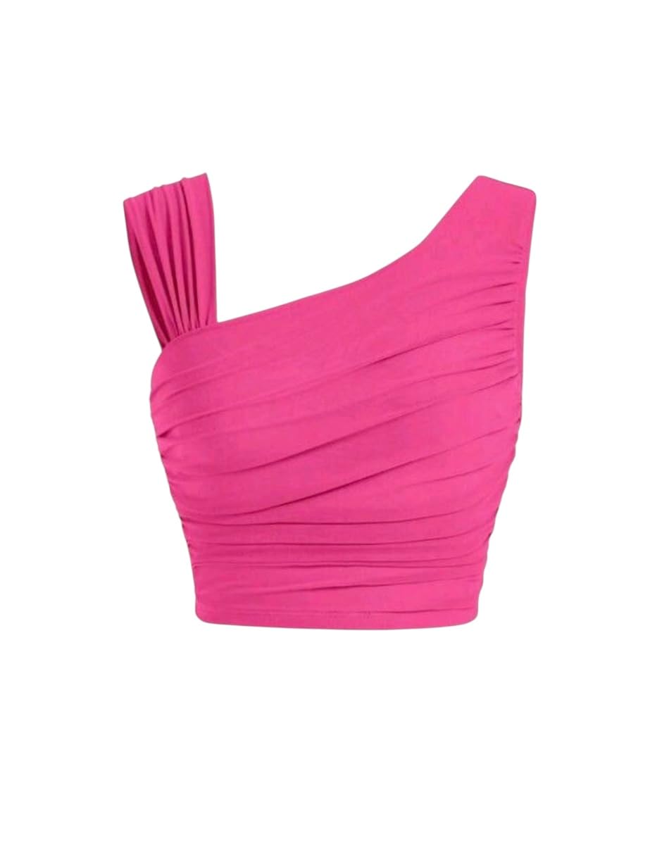 Women’s One Shoulder Ruched Crop Top | Trendy Sleeveless Stretchy Blouse-picture-44