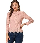 Allegra K Women's Lace Top Long Sleeve Ruffle Neck Floral Blouse