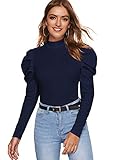 SheIn Women's Satnd Collar Mock-Neck Mutton Puff Peplum Long Sleeve Top Blouse Medium Navy