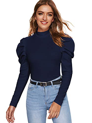 SheIn Women s Satnd Collar Mock-Neck Mutton Puff Peplum Long Sleeve Top Blouse Medium Navy
