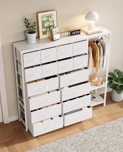 Tall Dresser for Bedroom with 16 Drawers & Clothes Rack & 2 Storage Shelves, Fabric Dressers & Chests of Drawers, Large Closet Dresser for Storage and Organization (General Clothes Rack, White PU)