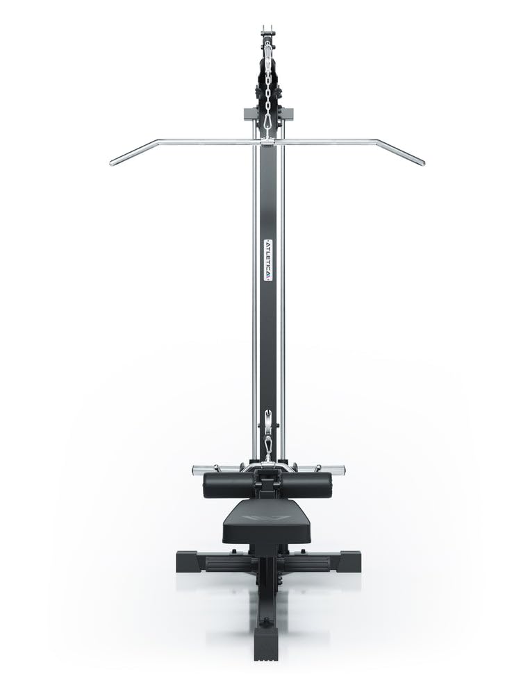 ATLETICA Latzug mit Ruder-Station, Plate-Loaded, Studioqualität | Führungsstäbe aus Vollstahl, Hartchrom-Griffe inklusive, 224cm Höhe