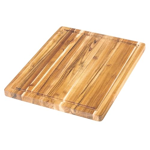 Teakhaus Cutting Board - Medium (M) Wood Cutting Board with Juice Groove and Grip Handles - 18”L x 14”W - Thin, Lightweight, Reversible Teak Edge Grain Wood - Knife Friendly - FSC Certified