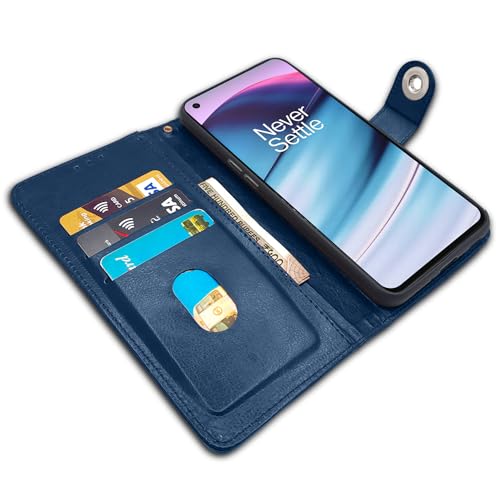Image of Pikkme Oneplus Nord Ce 5G Flip Cover Leather Finish | Inside TPU with Card Pockets | Wallet Stand and Shock Proof | Complete Protection Button Flip Case (Blue)
