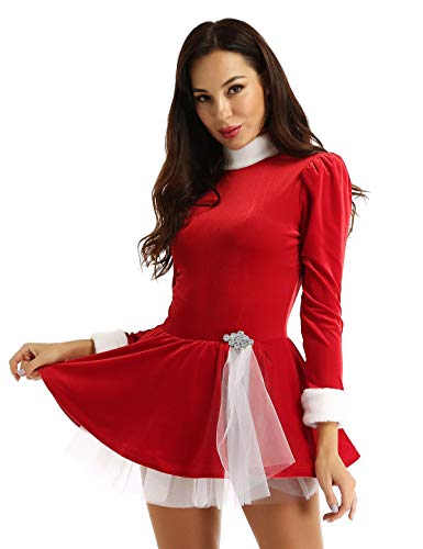 JanJean Womens Velvet Christmas Costume Mrs Santa Fancy Dress Figure Ice Skating Dress Ballet Dance Dress Red M