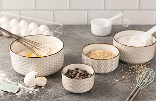 KooK Serving Bowls, with Lids, Ceramic Nesting Bowls, Set of 4, Embossed, Kitchen, Prep, Stackable, Gift, Microwave and Dishwasher Safe, 10/16/29/47 oz, Narbonne Collection (Ivory)