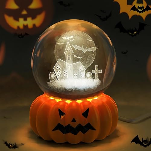Image of L LOHAS LED 3D Crystal Ball Night Light-Laser Engraved Haunted House Bat | Pumpkin Base, Cute & Funny Halloween Night Light for Kids, 3000K Warm White for Halloween Party Decor