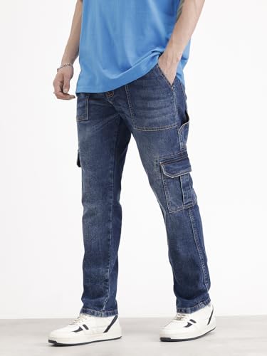 Image of WROGN Men's Cotton Stretch Cargo Jeans | Solid | Straight Fit