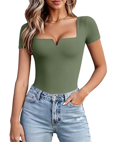 Avidlove Green Bodysuit for Women Short Sleeve Square Neck Body Suits Sexy V Neck One Piece T Shirt Going Out Tops Date Outfits
