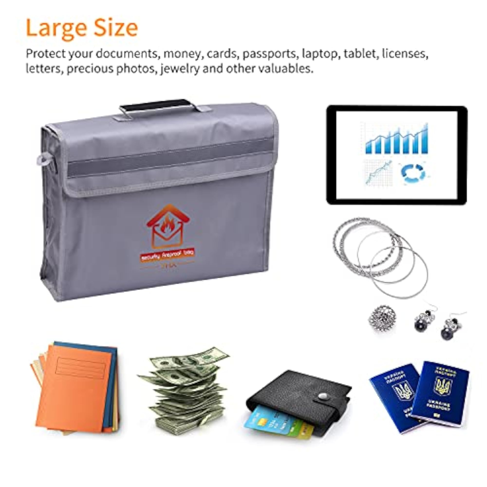 Large Fireproof Document Bag, Fire & Water Resistant