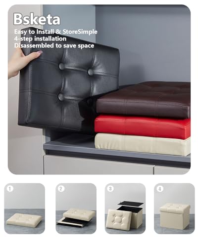 Image of Bsketa Storage Ottoman Bench,17 Inch Folding Leather Foot Rest Stool,Beige | Ottoman with Storage, Thicker Foam Padded Seat, Living Room, Dorm, Bedroom, Load 330 lbs, Easy to install,17x13x13in